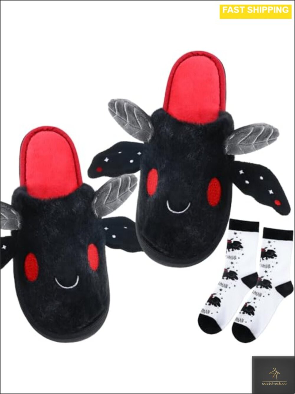 Mothman Slippers with Socks Set Fuzzy Lined Non Slip House Shoes